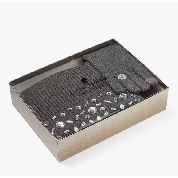 KATE SPADE Beanie and Glove GEM BOX SET Charcoal GREY New in Box - Picture 4 of 4